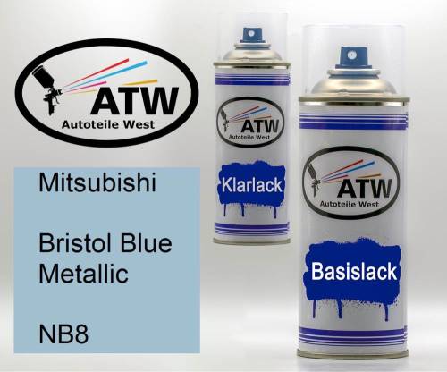 Mitsubishi, Bristol Blue Metallic, NB8: 400ml Sprühdose + 400ml Klarlack - Set, von ATW Autoteile West.